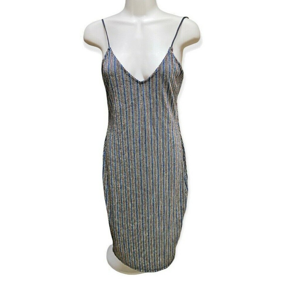 Y2K 90s MIND CODE Disco Bodycon Dress Size L Junior Shimmer Striped Sexy Midi